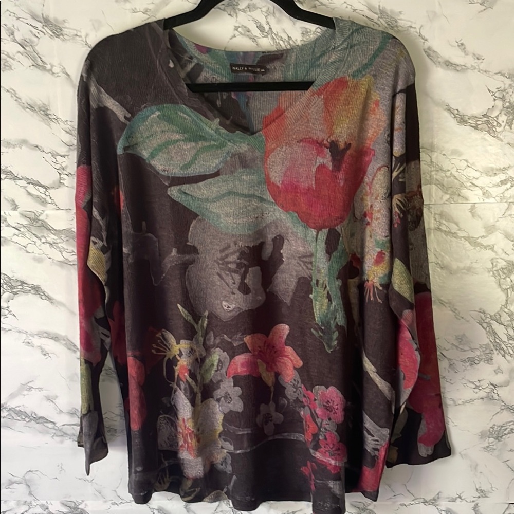 Nally & Millie Black L Black Multicolor Floral Knit Top